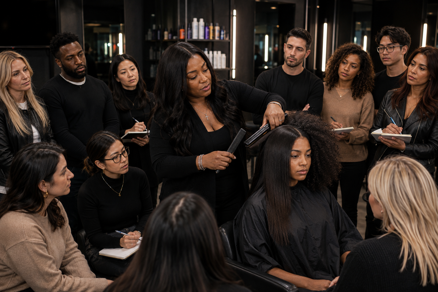 Jay Louise demonstrating textured hair techniques to salon professionals